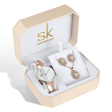 Load image into Gallery viewer, Rose Gold Watches Women Set Luxury Crystal Earrings Necklace Watches Sets -  flower world