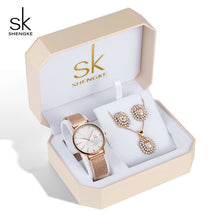 Load image into Gallery viewer, Rose Gold Watches Women Set Luxury Crystal Earrings Necklace Watches Sets -  flower world