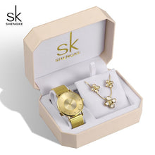 Load image into Gallery viewer, Rose Gold Watches Women Set Luxury Crystal Earrings Necklace Watches Sets -  flower world