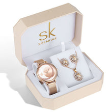 Load image into Gallery viewer, Rose Gold Watches Women Set Luxury Crystal Earrings Necklace Watches Sets -  flower world
