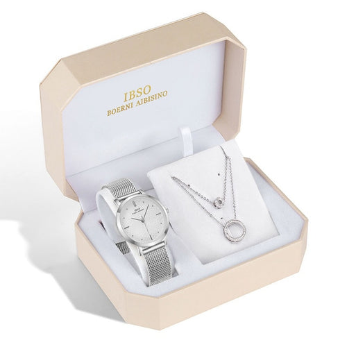 Watches Set Silver Earring Necklace Set Female Jewelry Set -  flower world