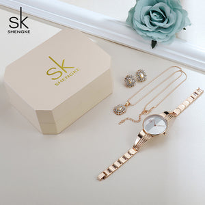 Rose Gold Watches Women Set Luxury Crystal Earrings Necklace Watches Sets -  flower world