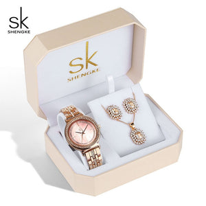 Rose Gold Watches Women Set Luxury Crystal Earrings Necklace Watches Sets -  flower world