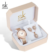 Load image into Gallery viewer, Rose Gold Watches Women Set Luxury Crystal Earrings Necklace Watches Sets -  flower world