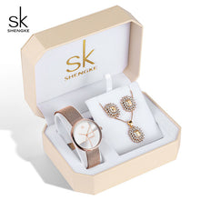 Load image into Gallery viewer, Rose Gold Watches Women Set Luxury Crystal Earrings Necklace Watches Sets -  flower world